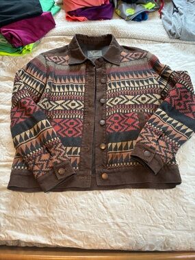 Southwestern Pattern Button-Front Jacket - Brown, Rust, Cream